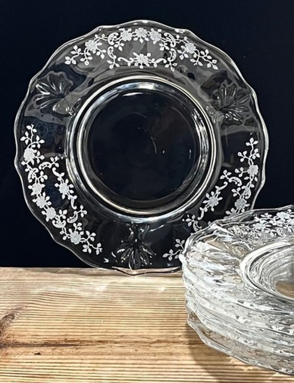 Fostoria Glass Plate(6) Baroque  Luncheon Plate Meadow Rose Clear Etched Glass